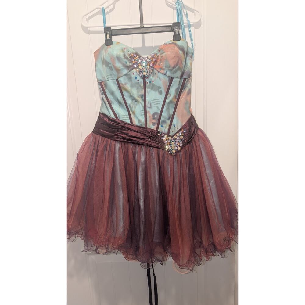 May Queen Size 10 Strapless Sweetheart Corset Tulle Short Dress Blue Purple
